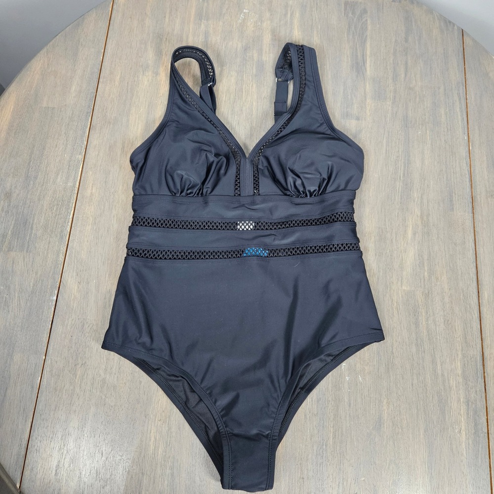 Cupshe Women 0X One Piece Swimsuit Mesh V Neck Tummy‎ Control Padded Black